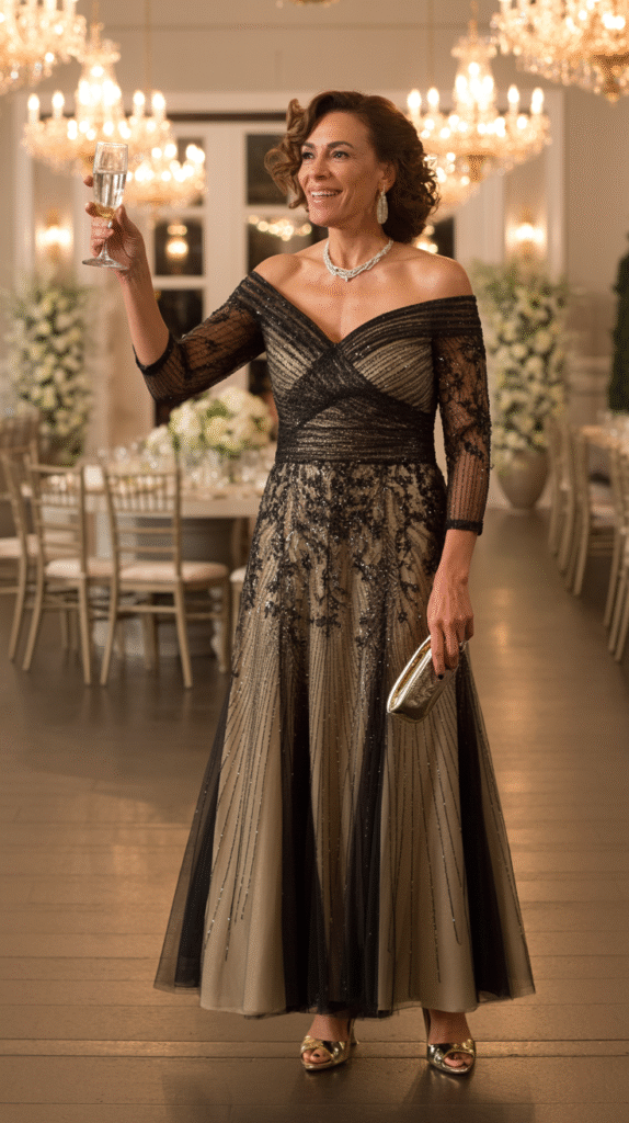Mature woman over 50 in a black and gold off-shoulder gown raising a toast at an evening winter wedding.