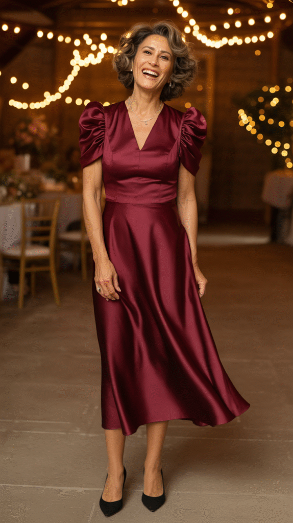 Mature woman over 50 in a burgundy satin midi dress with structured shoulders at a winter barn wedding.