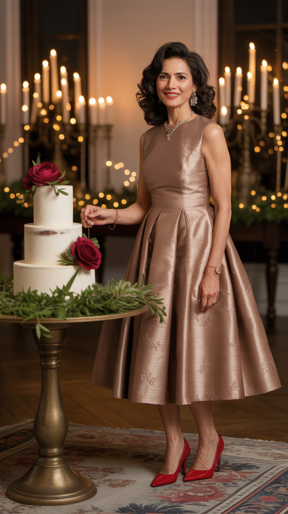 Mature woman over 50 in a bronze jacquard midi dress standing by a wedding cake at a candlelit winter wedding.