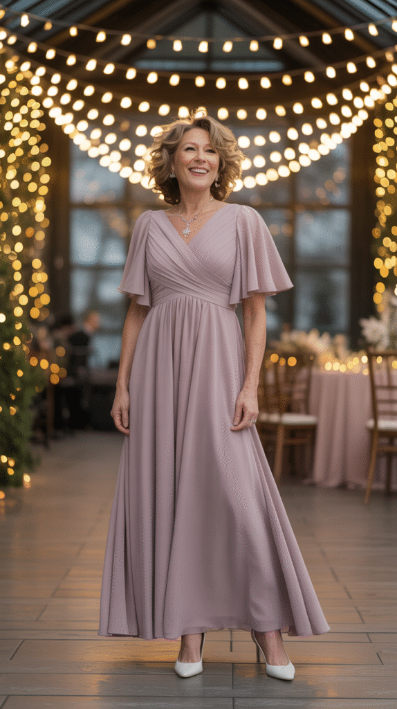 Mature woman over 50 in a soft mauve chiffon gown dancing under twinkle lights at a winter wedding.