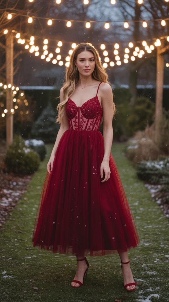 Guest wearing a red tulle midi with an embellished bodice at a snowy outdoor winter wedding under string lights.