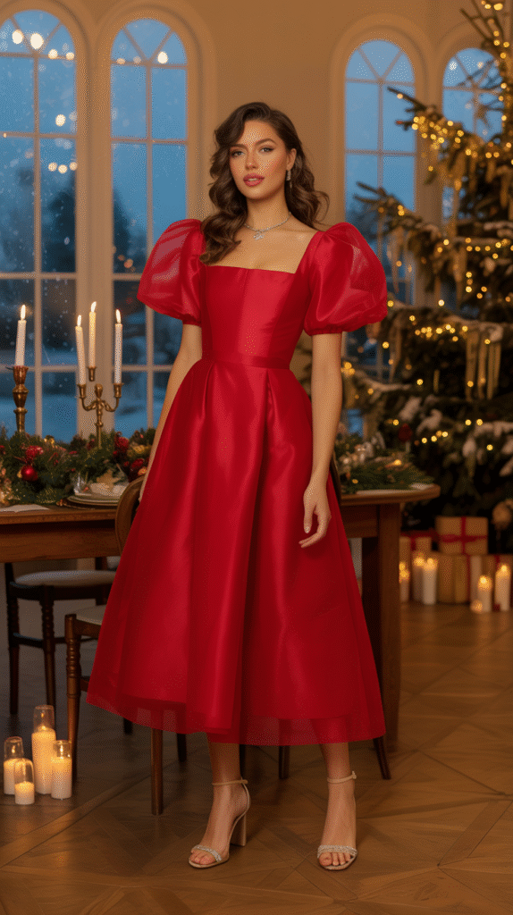 Guest in a red puff-sleeve organza midi dress at an elegant countryside Christmas wedding surrounded by candles and a glowing tree.