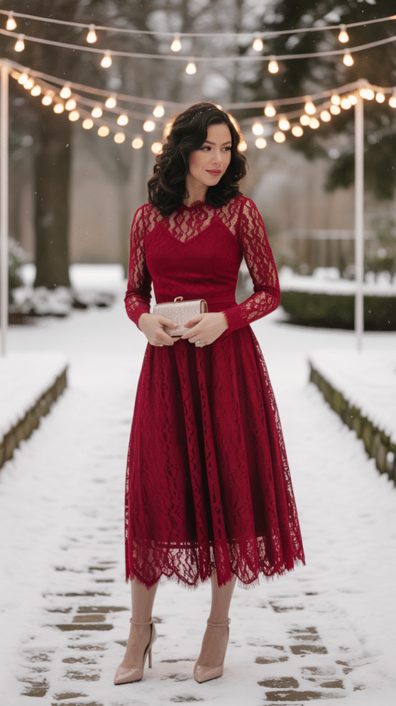 Woman in a red lace midi dress standing outside a snowy chapel decorated with fairy lights for a winter wedding.