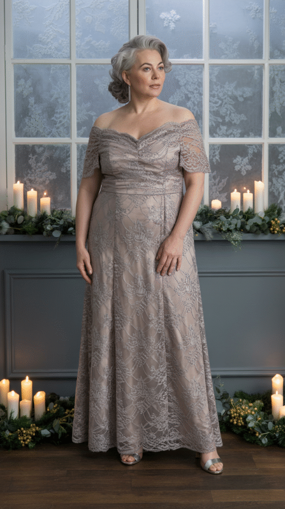 Mature plus-size woman in pewter off-shoulder lace gown by candlelit window at Christmas wedding.