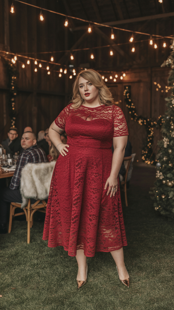 Plus-size woman in a red lace fit-and-flare midi dress dancing under string lights at a cozy Christmas wedding.