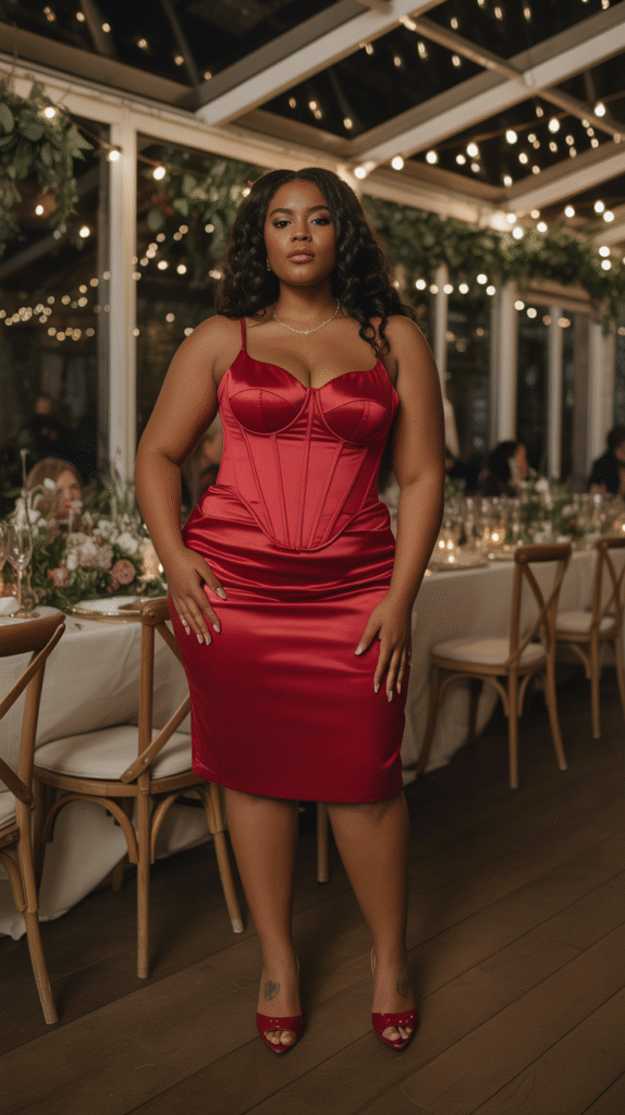 Plus-size guest in a structured red satin corset dress under glowing fairy lights at a winter wedding reception.