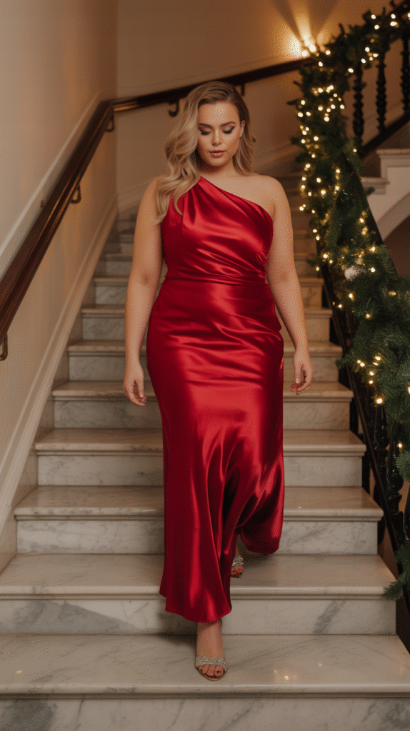 Plus-size woman in a one-shoulder red satin maxi dress walking down a staircase at a glamorous winter wedding.