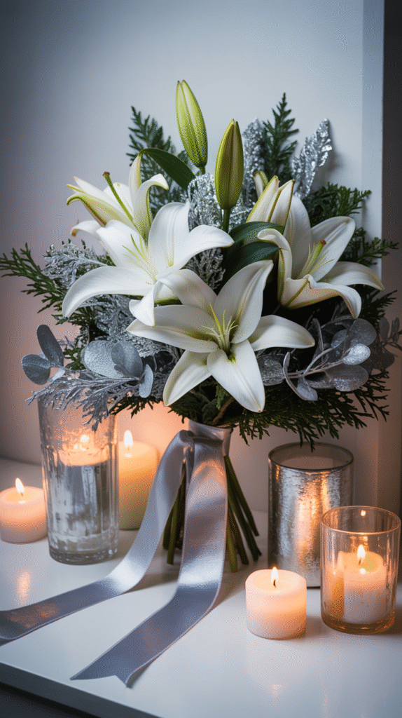 Frosted white lilies with silver accents and greenery for a crisp, elegant winter wedding bouquet