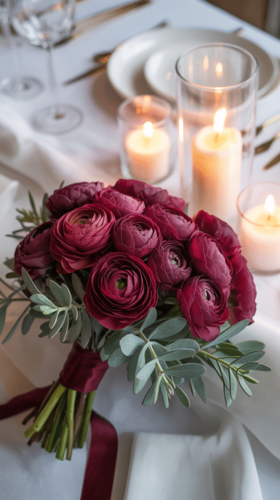 Burgundy ranunculus bouquet with dusty eucalyptus and velvet ribbon for a moody winter wedding.