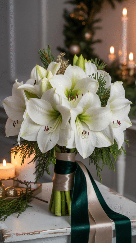 White amaryllis bouquet with evergreen sprigs and velvet ribbon for a winter wedding.