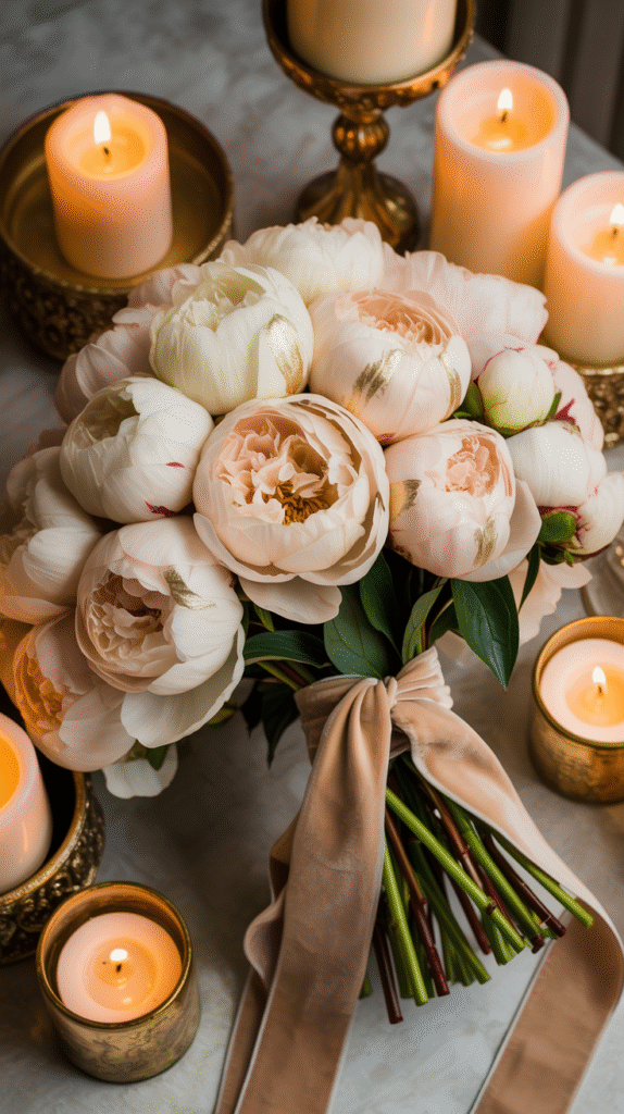 Champagne peonies with soft gold accents styled for a romantic and luxurious winter wedding bouquet