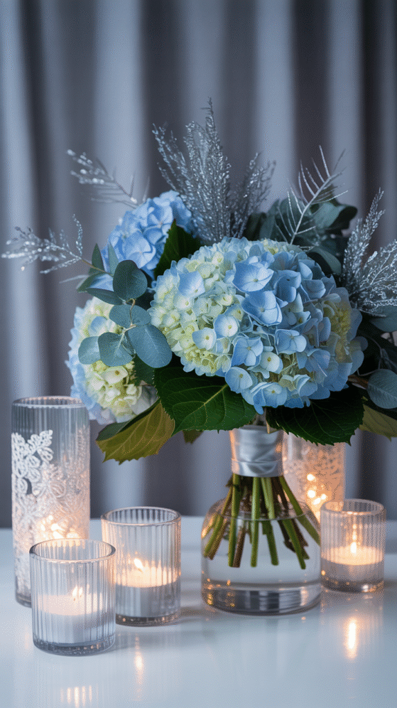 Icy blue hydrangea bouquet with silver eucalyptus and ribbon for a modern winter wedding