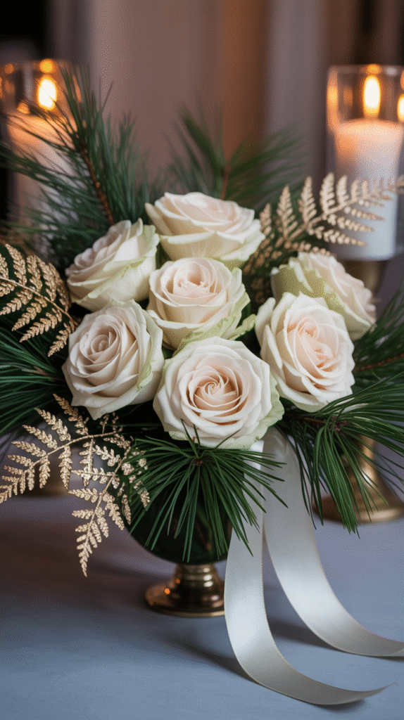 Ivory roses with evergreen pine and gold fern accents for an elegant winter wedding bouquet
