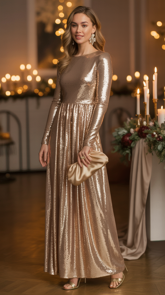 Guest in a soft gold long sleeve sequin gown holding a gold clutch at a Christmas wedding.