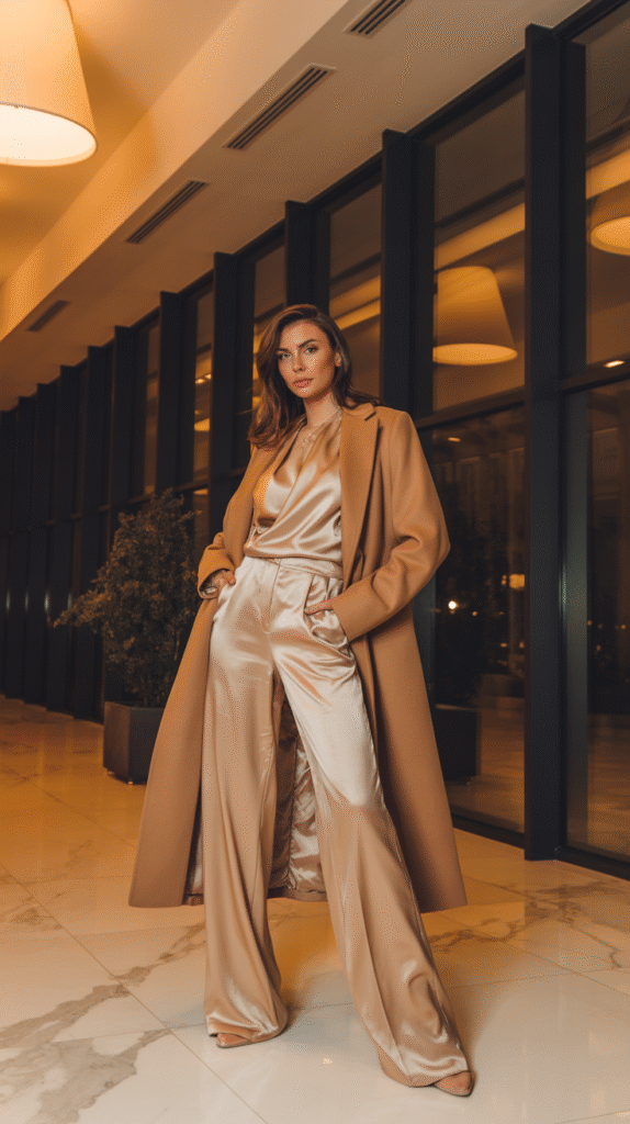 A woman poses in a satin jumpsuit layered with a long wool coat in an elegant indoor setting with warm lighting.