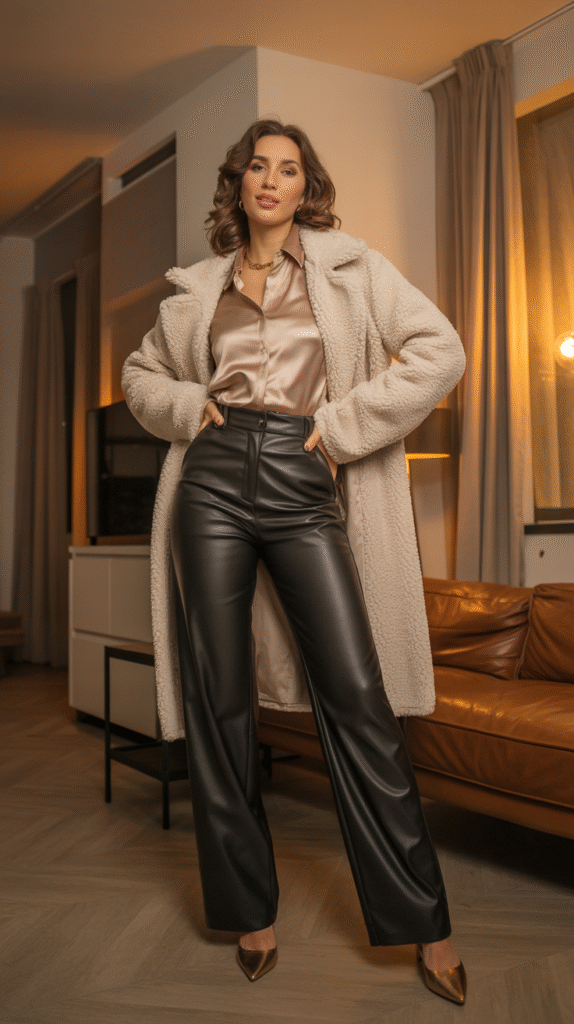 A woman in faux leather pants, a satin blouse, and a Sherpa coat poses in a warm, stylish winter interior.