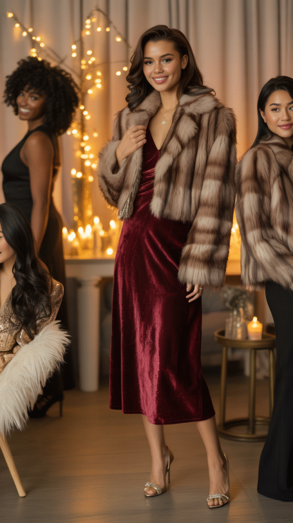 A woman wearing a deep velvet midi dress and a cropped faux fur jacket poses indoors under warm holiday lights.