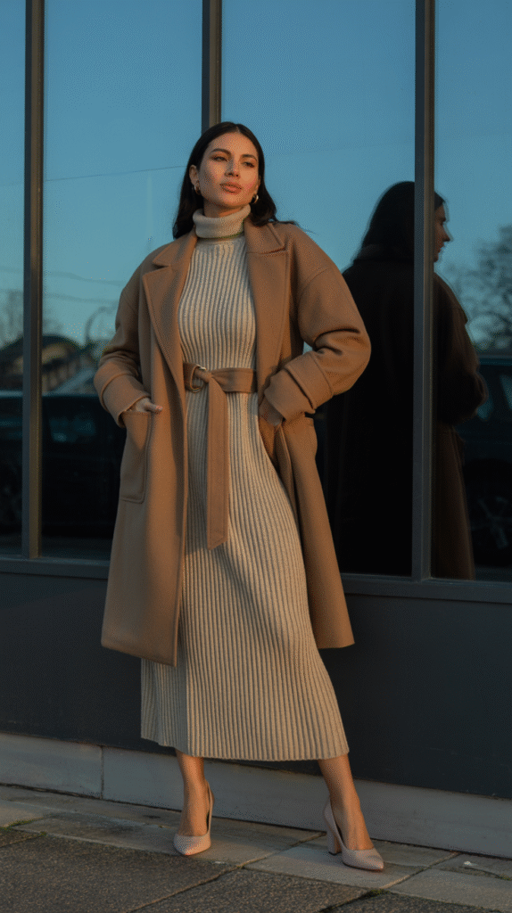 A woman stands near a window in a ribbed knit maxi dress topped with a belted wool coat for a cozy winter look.