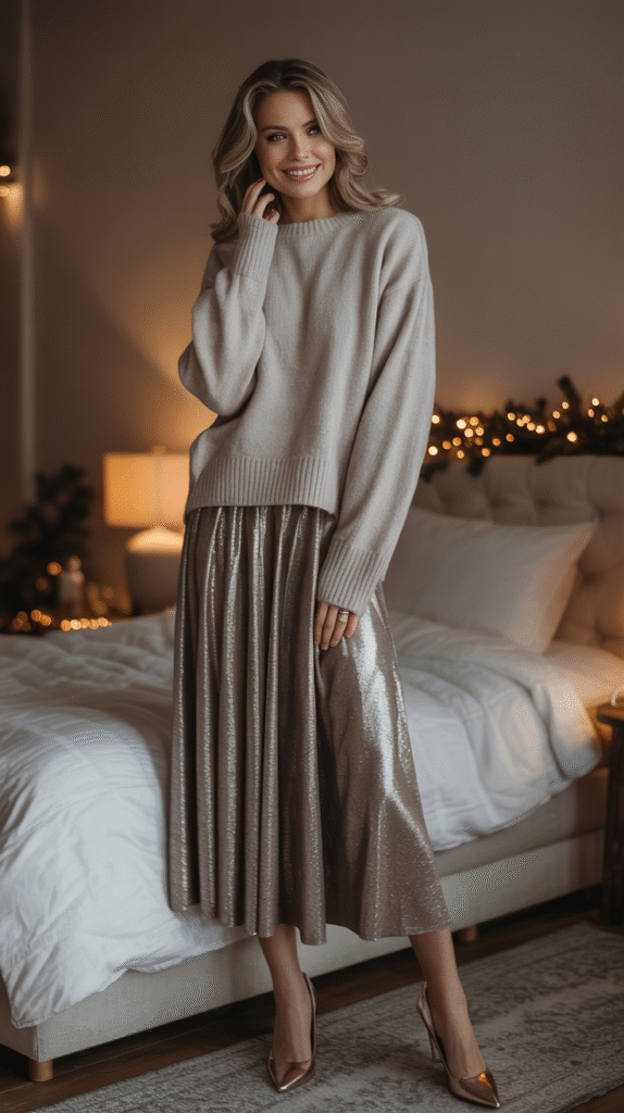 A woman wearing a sequin top tucked into tailored trousers stands in front of simple winter party décor.