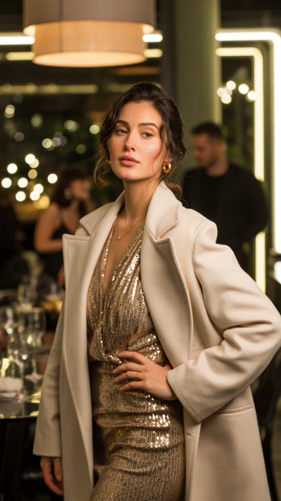 Woman in sequin dress with oversized coat in elegant NYE room.