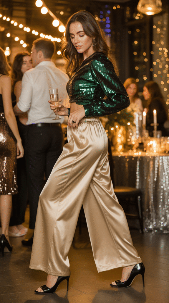 Woman wearing satin wide leg pants and statement top in warm space.