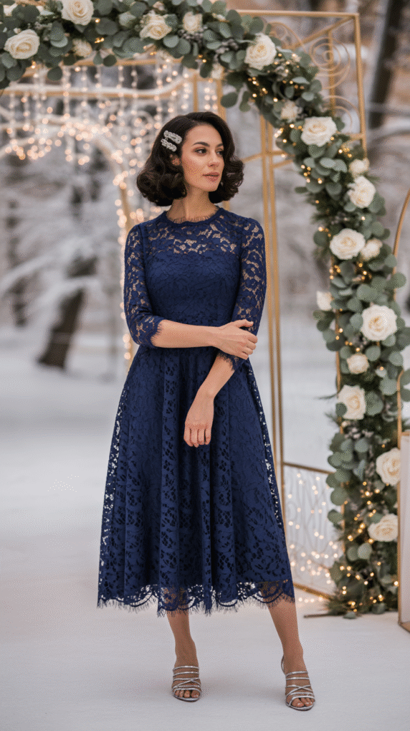 Elegant wedding guest wearing navy lace midi dress and silver heels at a Christmas wedding.
