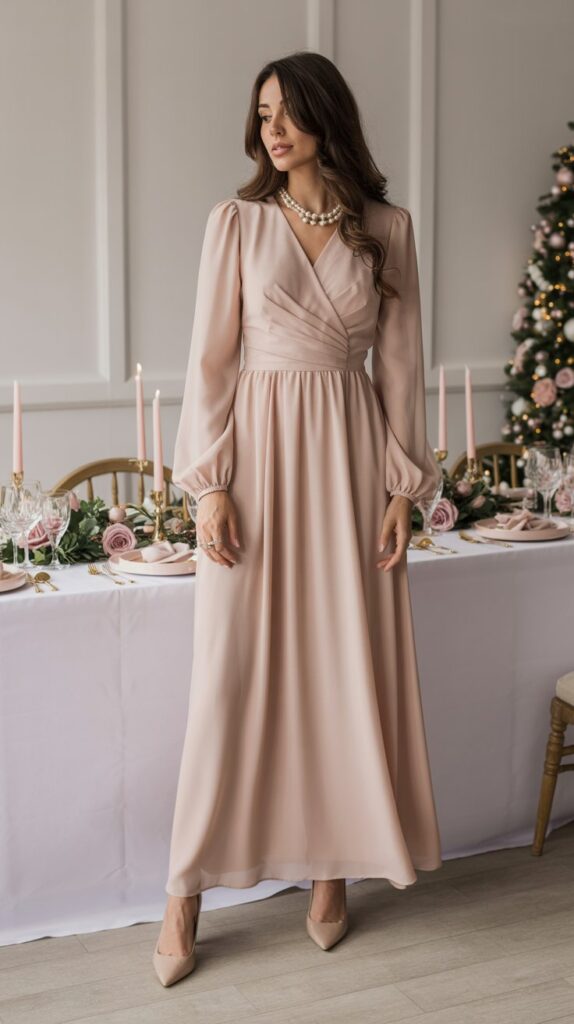 A woman wearing a flowing blush long sleeve maxi dress in chiffon, standing near a Christmas wedding table decorated with soft pink roses and candles.