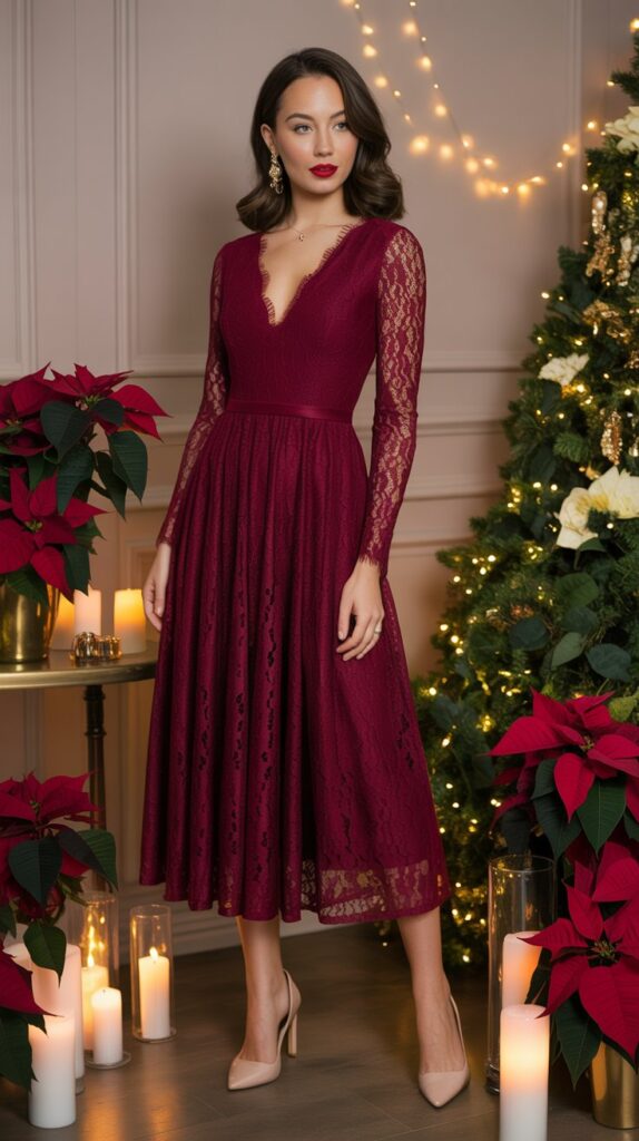 Burgundy lace long sleeve midi dress with nude heels and gold jewelry, perfect for a December wedding guest.