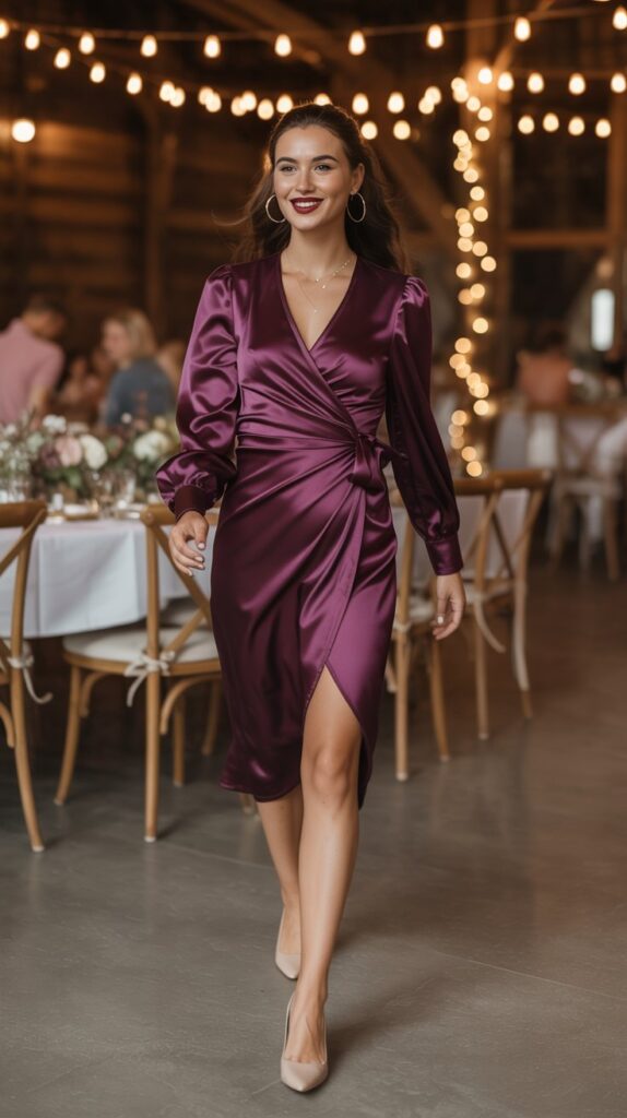 A wedding guest in a deep plum satin wrap dress with long sleeves, walking through a warmly lit barn wedding venue. She wears nude heels, a berry lip, and simple gold hoops.