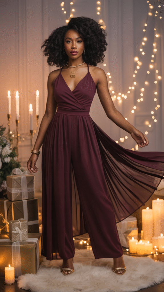 A woman with dark skin wearing a jewel-toned outfit in burgundy or deep plum, flowing fabric with movement, styled with gold accessories.