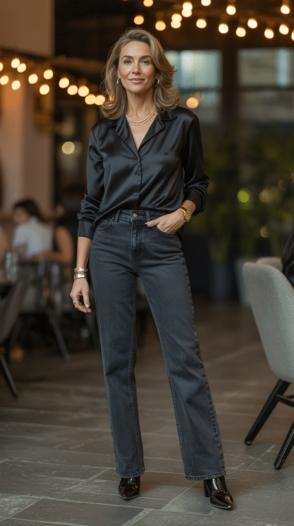 Dressy top and dark denim New Year’s Eve outfit idea for women over fifty with modern style.