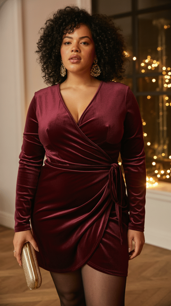 Curvy woman wearing jewel-tone velvet wrap dress with sheer tights and gold earrings at an NYE party.