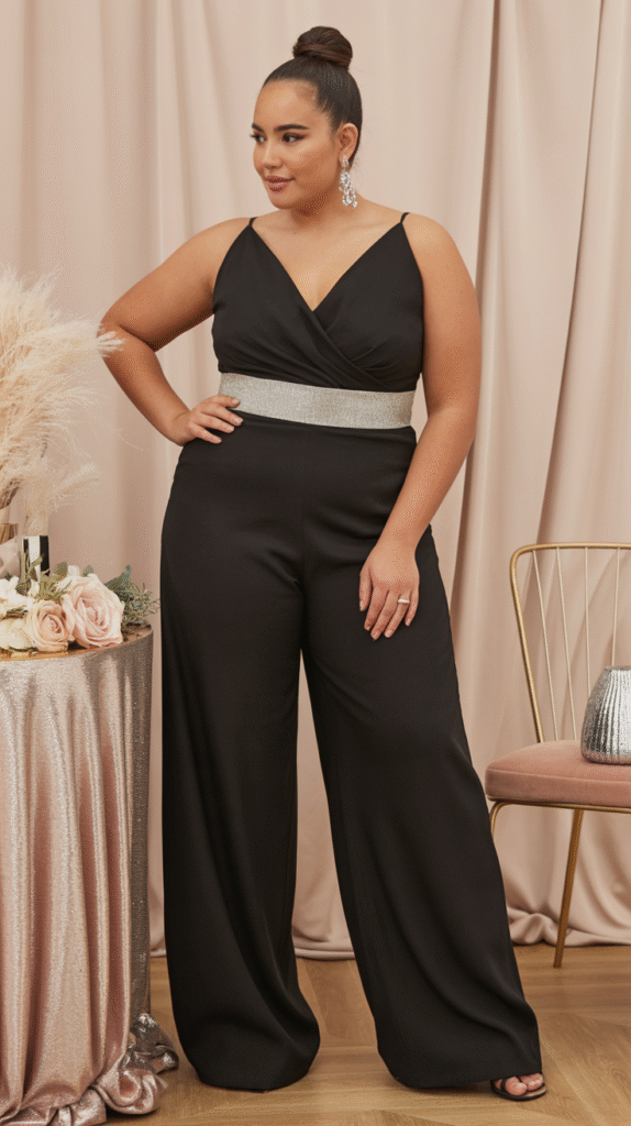 Curvy woman in black jumpsuit with metallic belt and sleek bun at a festive gathering.