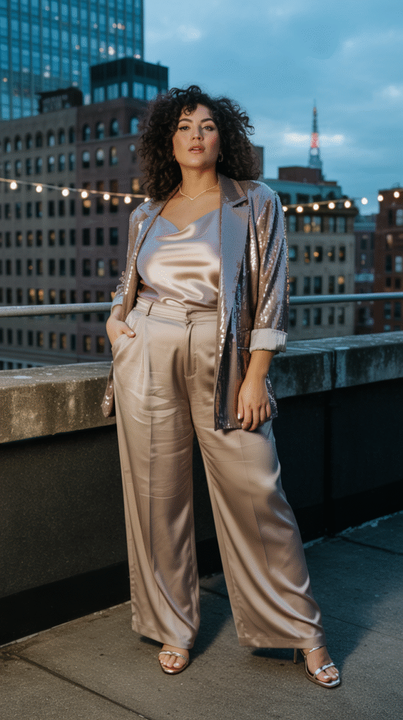 Curvy woman in sequin blazer, satin cami, and wide-leg pants on a rooftop NYE setting.