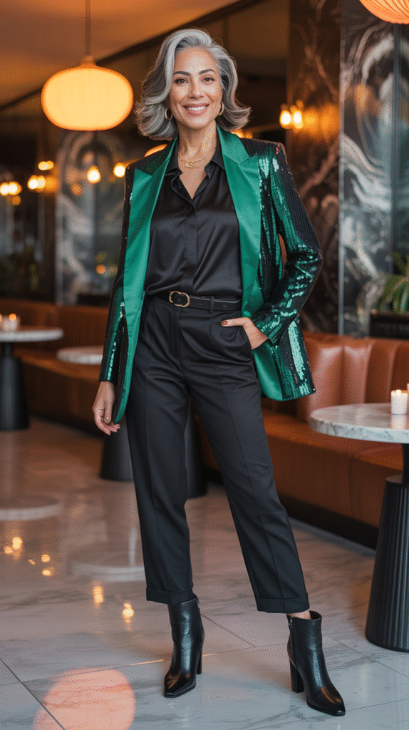Statement blazer New Year’s Eve outfit for women over fifty that feels polished and effortless.