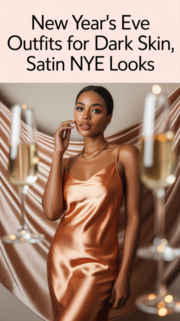 A woman with deep brown skin wearing a flowing copper satin slip dress styled for New Year’s Eve, glossy fabric catching the light, minimal gold jewelry, glowing makeup