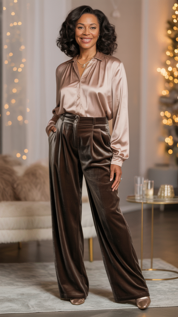 Velvet pants and metallic top New Year’s Eve outfit idea for women over fifty with cozy glam style.
