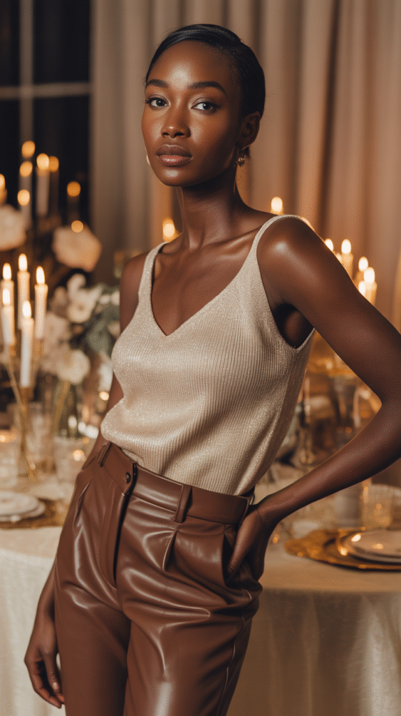 Champagne knit and espresso leather New Year’s Eve outfit styled on dark skin with warm candlelight and intimate party decor