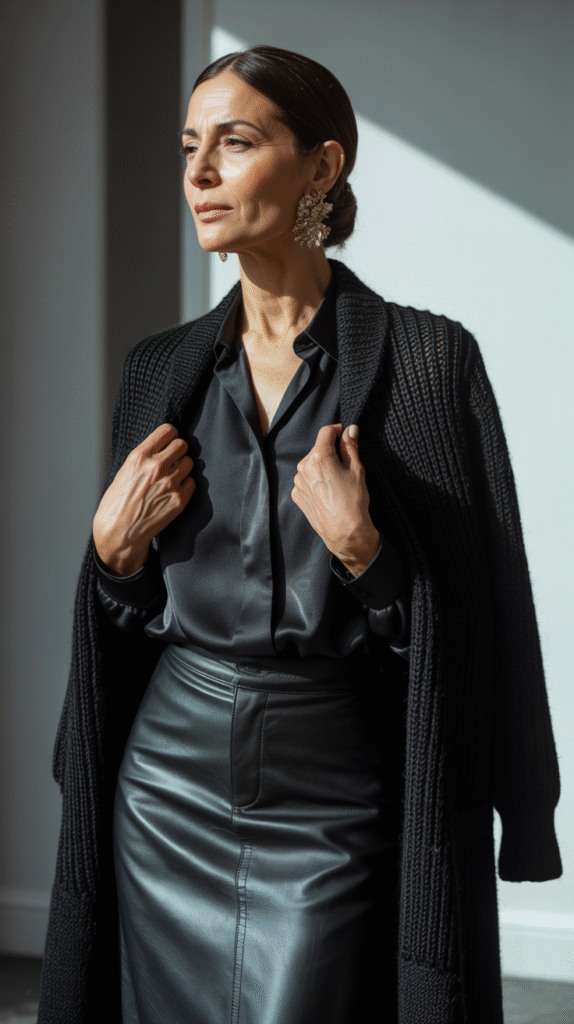 All black New Year’s Eve outfit for women over fifty with elegant textures and a bold statement detail.