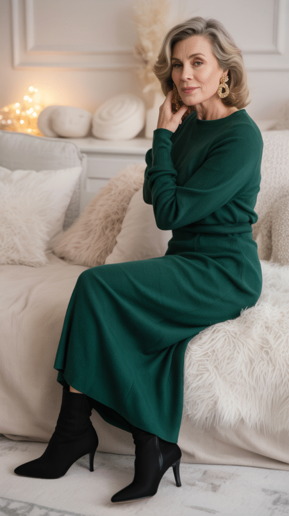 Luxe knit dress New Year’s Eve outfit for women over fifty that feels warm, flattering, and elegant.