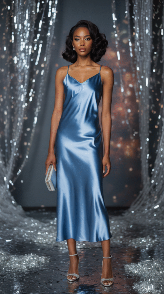 New Year’s Eve outfits for dark skin, Midnight Blue Satin With Icy Silver Details