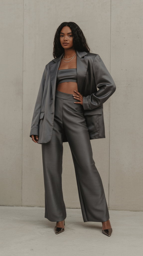 woman with dark skin wearing a graphite grey outfit in a high shine fabric