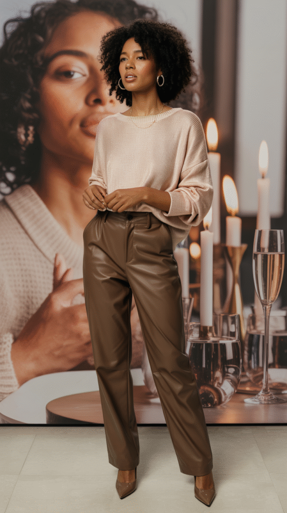 Champagne knit and espresso leather New Year’s Eve outfit styled on dark skin with warm candlelight and intimate party decor